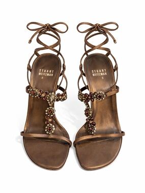 Stuart Weitzman Bronze Jewel T-Strap Lace-Up Sandals Size 8M Made in Spain